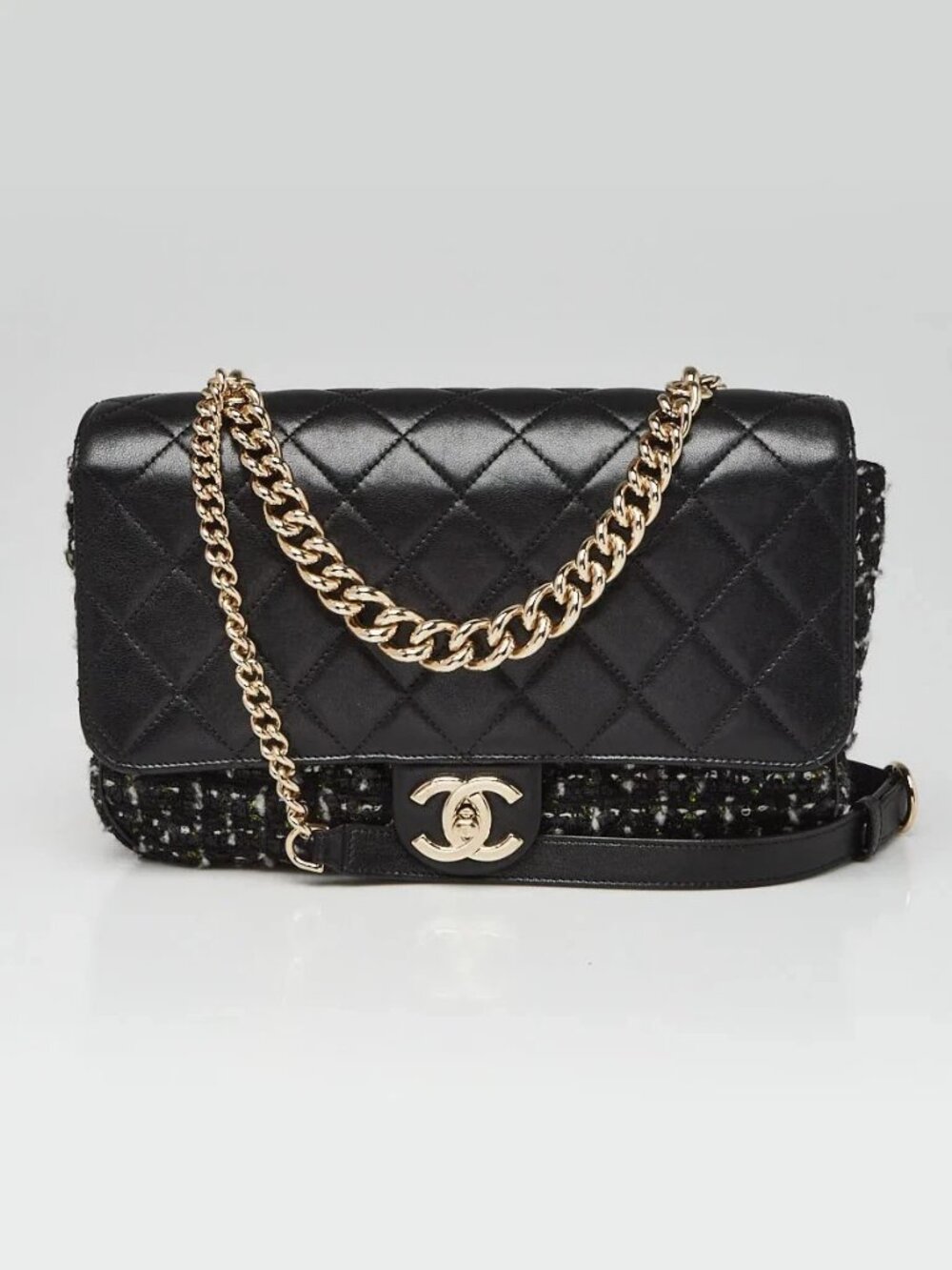 Chanel Black Tweed Quilted Lambskin Leather Medium Flap Bag